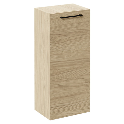 Napoli Light Oak 350mm Wall Mounted Side Cabinet with Single Door and Matt Black Handle Left Hand View