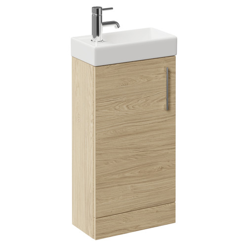 Napoli Compact Light Oak 400mm Floor Standing Vanity Unit with 1 Tap Hole Basin and Single Door with Polished Chrome Handle Left Hand View