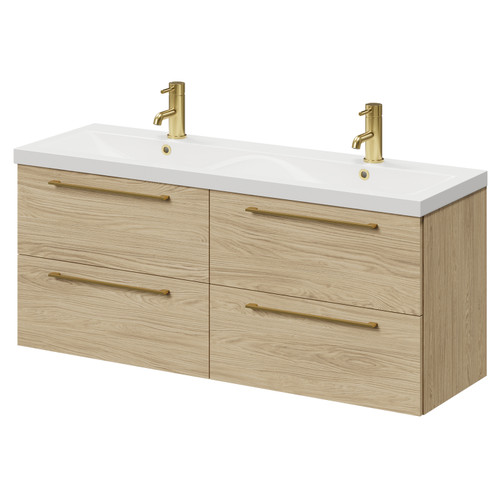 Napoli Light Oak 1200mm Wall Mounted Vanity Unit with Ceramic Double Basin and 4 Drawers with Brushed Brass Handles Right Hand View