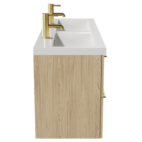 Napoli Light Oak 1200mm Wall Mounted Vanity Unit with Ceramic Double Basin and 4 Drawers with Brushed Brass Handles Side View