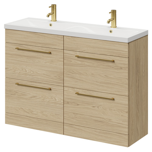 Napoli Light Oak 1200mm Floor Standing Vanity Unit with Ceramic Double Basin and 4 Drawers with Brushed Brass Handles Right Hand View