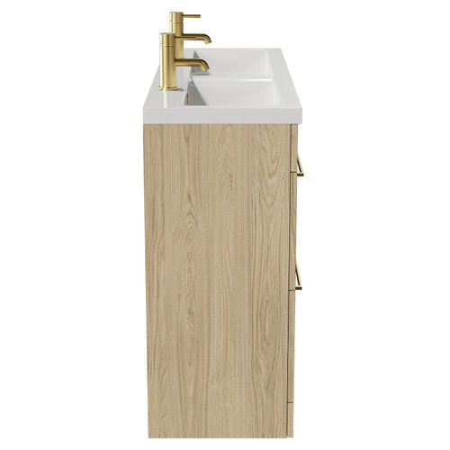 Napoli Light Oak 1200mm Floor Standing Vanity Unit with Ceramic Double Basin and 4 Drawers with Brushed Brass Handles Side View