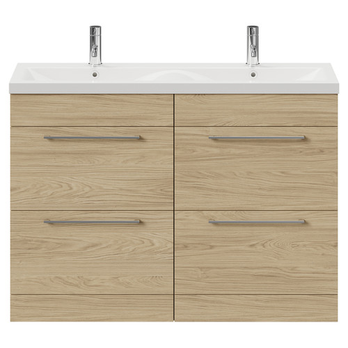 Napoli Light Oak 1200mm Floor Standing Vanity Unit with Ceramic Double Basin and 4 Drawers with Polished Chrome Handles Front View