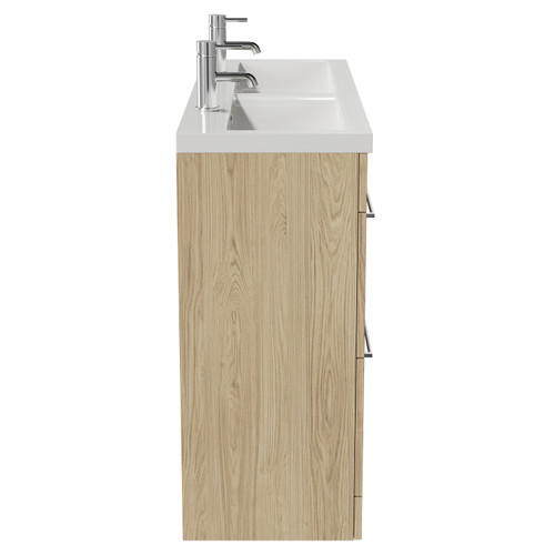 Napoli Light Oak 1200mm Floor Standing Vanity Unit with Ceramic Double Basin and 4 Drawers with Polished Chrome Handles Side View