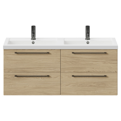 Napoli Light Oak 1200mm Wall Mounted Vanity Unit with Polymarble Double Basin and 4 Drawers with Gunmetal Grey Handles Front View