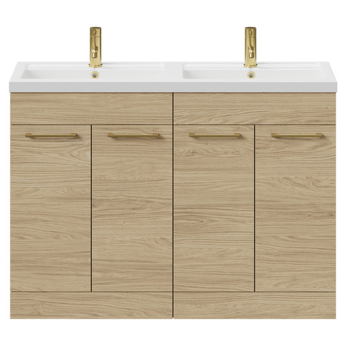 Napoli Light Oak 1200mm Floor Standing Vanity Unit with Polymarble Double Basin and 4 Doors with Brushed Brass Handles Front View
