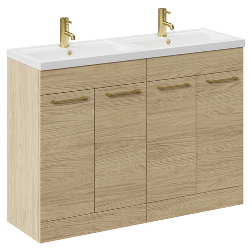 Napoli Light Oak 1200mm Floor Standing Vanity Unit with Polymarble Double Basin and 4 Doors with Brushed Brass Handles Left Hand View