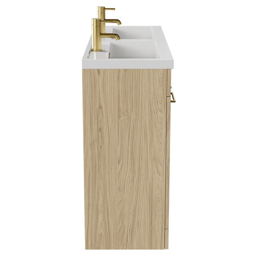 Napoli Light Oak 1200mm Floor Standing Vanity Unit with Polymarble Double Basin and 4 Doors with Brushed Brass Handles Side View