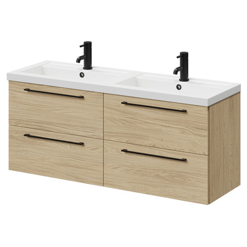 Napoli Light Oak 1200mm Wall Mounted Vanity Unit with Polymarble Double Basin and 4 Drawers with Matt Black Handles Right Hand View
