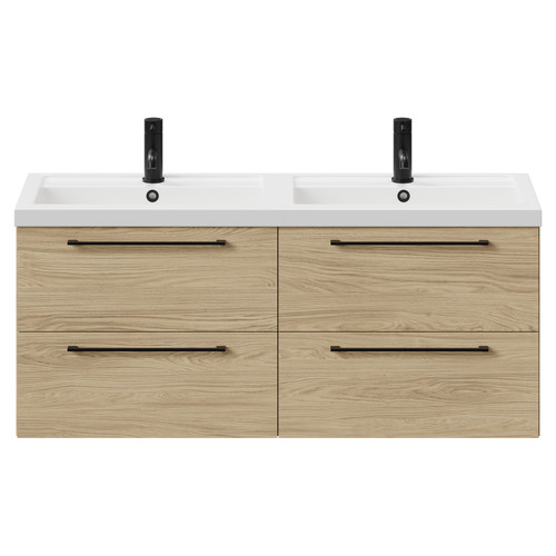 Napoli Light Oak 1200mm Wall Mounted Vanity Unit with Polymarble Double Basin and 4 Drawers with Matt Black Handles Front View
