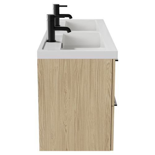 Napoli Light Oak 1200mm Wall Mounted Vanity Unit with Polymarble Double Basin and 4 Drawers with Matt Black Handles Side View