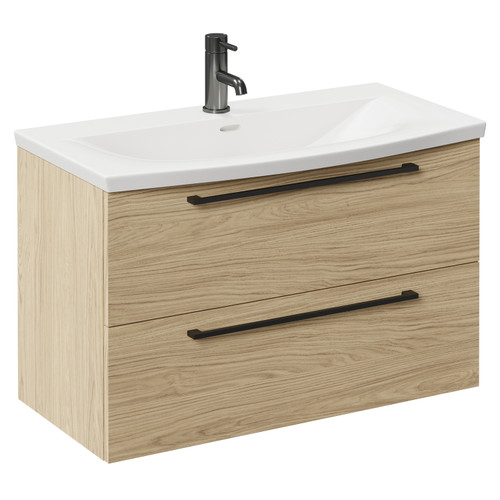 Napoli Light Oak 800mm Wall Mounted Vanity Unit with 1 Tap Hole Curved Basin and 2 Drawers with Gunmetal Grey Handles Left Hand View