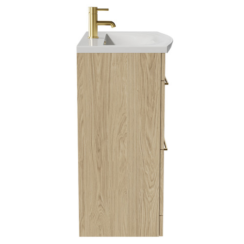 Napoli Light Oak 800mm Floor Standing Vanity Unit with 1 Tap Hole Curved Basin and 2 Drawers with Brushed Brass Handles Side View