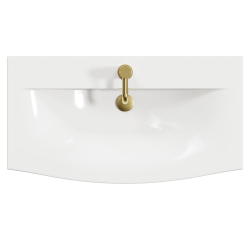 Napoli Light Oak 800mm Floor Standing Vanity Unit with 1 Tap Hole Curved Basin and 2 Drawers with Brushed Brass Handles Top Down View