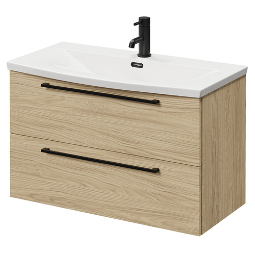 Napoli Light Oak 800mm Wall Mounted Vanity Unit with 1 Tap Hole Curved Basin and 2 Drawers with Matt Black Handles Right Hand View