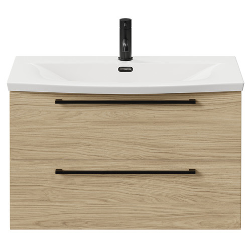 Napoli Light Oak 800mm Wall Mounted Vanity Unit with 1 Tap Hole Curved Basin and 2 Drawers with Matt Black Handles Front View
