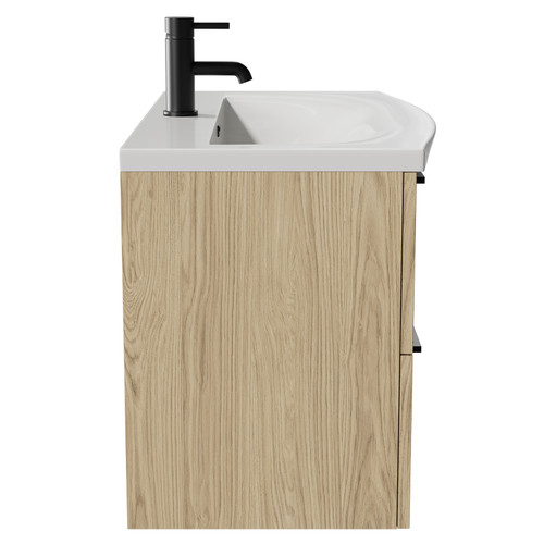 Napoli Light Oak 800mm Wall Mounted Vanity Unit with 1 Tap Hole Curved Basin and 2 Drawers with Matt Black Handles Side View