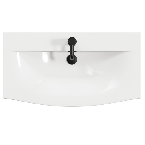 Napoli Light Oak 800mm Wall Mounted Vanity Unit with 1 Tap Hole Curved Basin and 2 Drawers with Matt Black Handles Top Down View