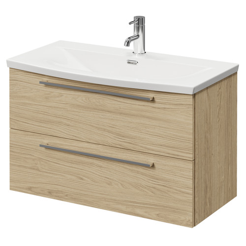 Napoli Light Oak 800mm Wall Mounted Vanity Unit with 1 Tap Hole Curved Basin and 2 Drawers with Polished Chrome Handles Right Hand View