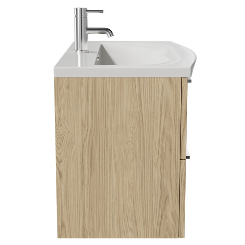 Napoli Light Oak 800mm Wall Mounted Vanity Unit with 1 Tap Hole Curved Basin and 2 Drawers with Polished Chrome Handles Side View