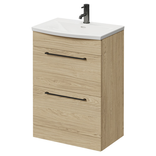 Napoli Light Oak 600mm Floor Standing Vanity Unit with 1 Tap Hole Curved Basin and 2 Drawers with Gunmetal Grey Handles Right Hand View