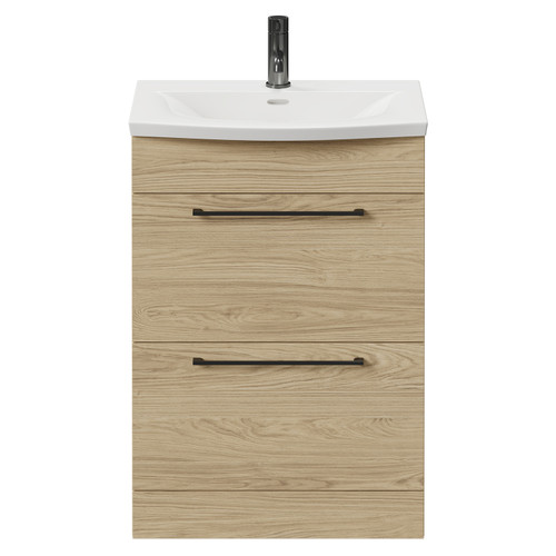 Napoli Light Oak 600mm Floor Standing Vanity Unit with 1 Tap Hole Curved Basin and 2 Drawers with Gunmetal Grey Handles Front View