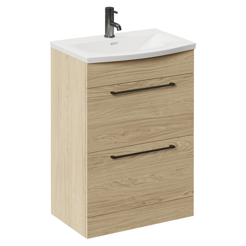 Napoli Light Oak 600mm Floor Standing Vanity Unit with 1 Tap Hole Curved Basin and 2 Drawers with Gunmetal Grey Handles Left Hand View