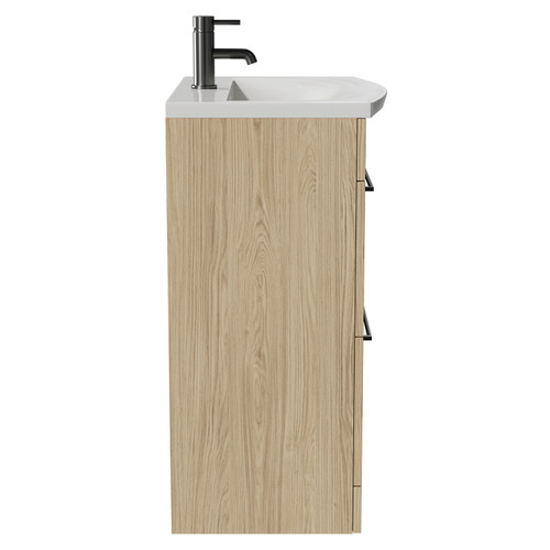 Napoli Light Oak 600mm Floor Standing Vanity Unit with 1 Tap Hole Curved Basin and 2 Drawers with Gunmetal Grey Handles Side View