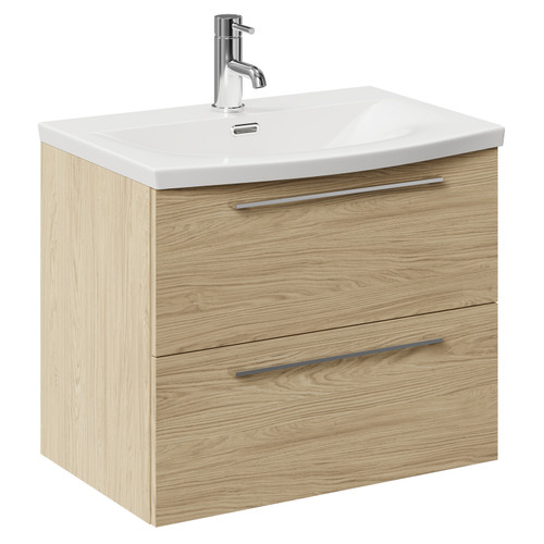 Napoli Light Oak 600mm Wall Mounted Vanity Unit with 1 Tap Hole Curved Basin and 2 Drawers with Polished Chrome Handles Left Hand View