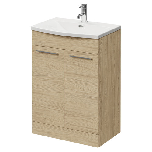 Napoli Light Oak 600mm Floor Standing Vanity Unit with 1 Tap Hole Curved Basin and 2 Doors with Polished Chrome Handles Right Hand View