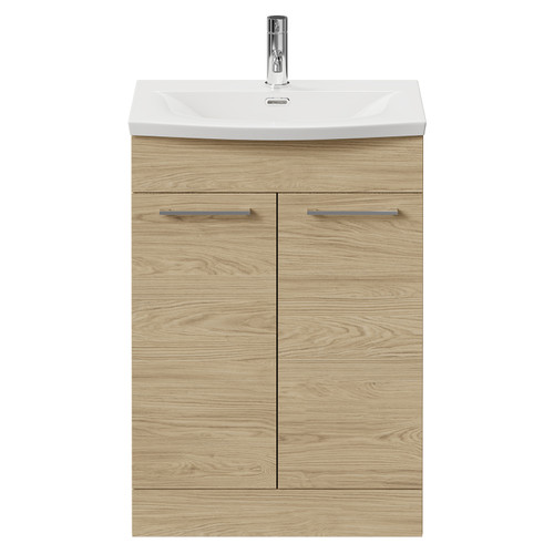 Napoli Light Oak 600mm Floor Standing Vanity Unit with 1 Tap Hole Curved Basin and 2 Doors with Polished Chrome Handles Front View