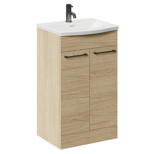 Napoli Light Oak 500mm Floor Standing Vanity Unit with 1 Tap Hole Curved Basin and 2 Doors with Gunmetal Grey Handles Left Hand View