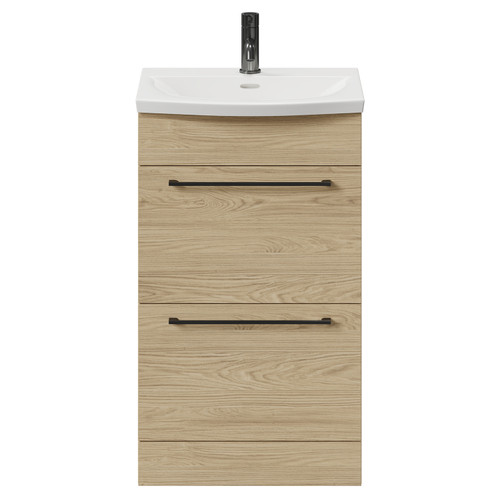 Napoli Light Oak 500mm Floor Standing Vanity Unit with 1 Tap Hole Curved Basin and 2 Drawers with Gunmetal Grey Handles Front View