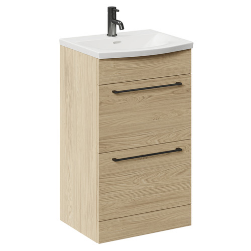 Napoli Light Oak 500mm Floor Standing Vanity Unit with 1 Tap Hole Curved Basin and 2 Drawers with Gunmetal Grey Handles Left Hand View