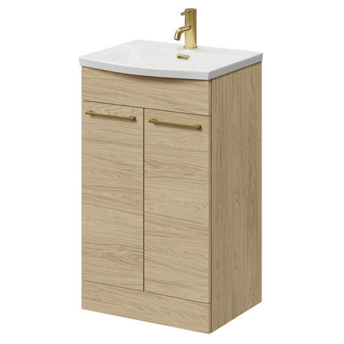 Napoli Light Oak 500mm Floor Standing Vanity Unit with 1 Tap Hole Curved Basin and 2 Doors with Brushed Brass Handles Right Hand View