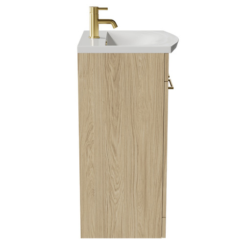 Napoli Light Oak 500mm Floor Standing Vanity Unit with 1 Tap Hole Curved Basin and 2 Doors with Brushed Brass Handles Side View