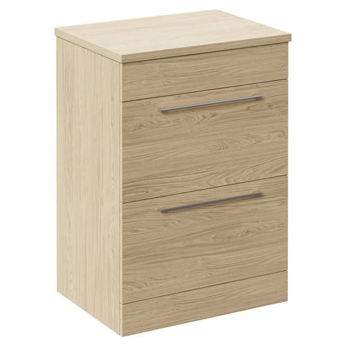 Napoli Light Oak 600mm Floor Standing Vanity Unit for Countertop Basins with 2 Drawers and Polished Chrome Handles Left Hand View