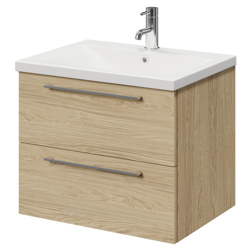 Napoli Light Oak 600mm Wall Mounted Vanity Unit with 1 Tap Hole Basin and 2 Drawers with Polished Chrome Handles Right Hand View