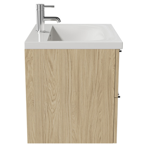 Napoli Light Oak 600mm Wall Mounted Vanity Unit with 1 Tap Hole Basin and 2 Drawers with Polished Chrome Handles Side View