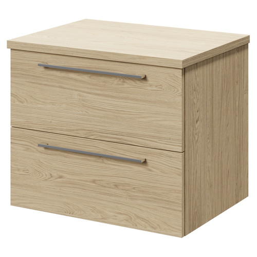 Napoli Light Oak 600mm Wall Mounted Vanity Unit for Countertop Basins with 2 Drawers and Polished Chrome Handles Right Hand View