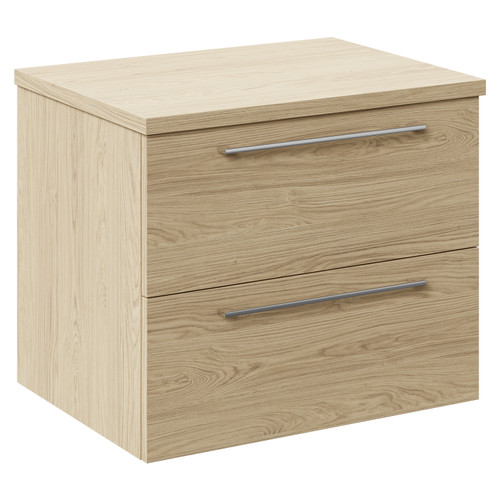 Napoli Light Oak 600mm Wall Mounted Vanity Unit for Countertop Basins with 2 Drawers and Polished Chrome Handles Left Hand View