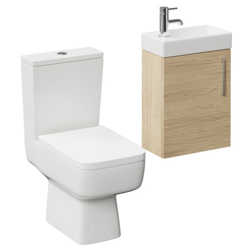 Napoli Compact Light Oak 400mm Cloakroom Vanity Unit and Toilet Suite including Paulo Toilet and Wall Mounted Vanity Unit with Single Door and Polished Chrome Handle Left Hand View