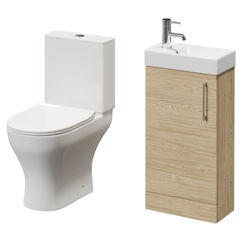 Napoli Compact Light Oak 400mm Cloakroom Vanity Unit and Toilet Suite including Jubilee Open Back Toilet and Floor Standing Vanity Unit with Single Door and Polished Chrome Handle Right Hand View
