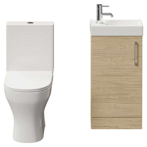 Napoli Compact Light Oak 400mm Cloakroom Vanity Unit and Toilet Suite including Jubilee Open Back Toilet and Floor Standing Vanity Unit with Single Door and Polished Chrome Handle Front View