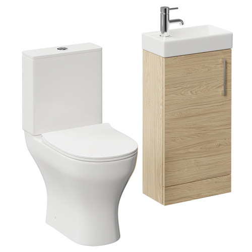 Napoli Compact Light Oak 400mm Cloakroom Vanity Unit and Toilet Suite including Jubilee Open Back Toilet and Floor Standing Vanity Unit with Single Door and Polished Chrome Handle Left Hand View