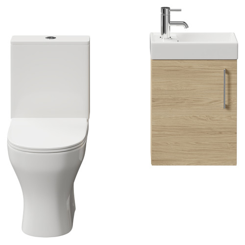 Napoli Compact Light Oak 400mm Cloakroom Vanity Unit and Toilet Suite including Jubilee Open Back Toilet and Wall Mounted Vanity Unit with Single Door and Polished Chrome Handle Front View