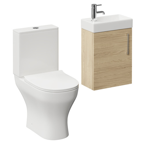 Napoli Compact Light Oak 400mm Cloakroom Vanity Unit and Toilet Suite including Jubilee Open Back Toilet and Wall Mounted Vanity Unit with Single Door and Polished Chrome Handle Left Hand View
