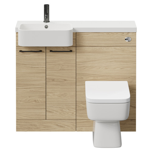 Napoli Combination Light Oak 1000mm Vanity Unit Toilet Suite with Left Hand Round Semi Recessed 1 Tap Hole Basin and 2 Doors with Gunmetal Grey Handles Front View