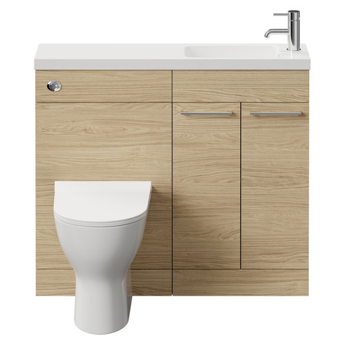 Napoli Combination Light Oak 1000mm Vanity Unit Toilet Suite with Slimline 1 Tap Hole Round Basin and 2 Doors with Polished Chrome Handles Front View