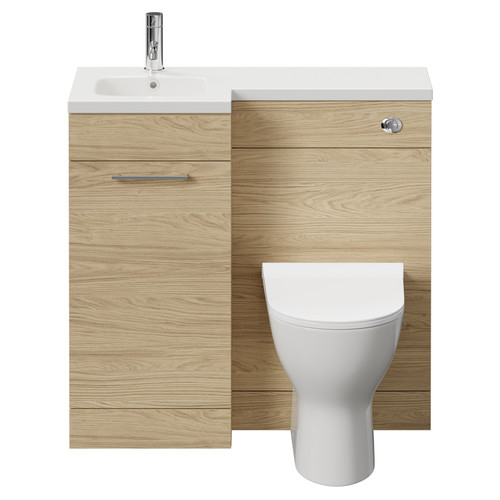 Napoli Combination Light Oak 900mm Vanity Unit Toilet Suite with Right Hand L Shaped 1 Tap Hole Basin and Single Door with Polished Chrome Handle Front View
